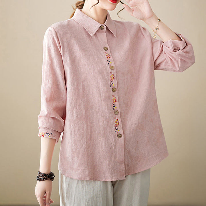 Camisa de algodón de manga larga con solapa y botones para mujer, con estampado floral bordado de Buddha Stones de primavera - image 10