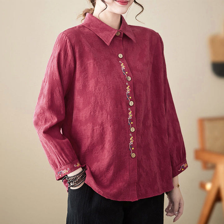 Camisa de algodón de manga larga con solapa y botones para mujer, con estampado floral bordado de Buddha Stones de primavera - Rojo oscuro - US12, UK/AU16, EU44 (3XL) - image 23