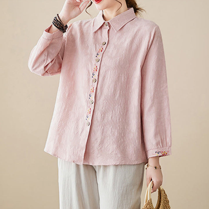 Camisa de algodón de manga larga con solapa y botones para mujer, con estampado floral bordado de Buddha Stones de primavera - image 9