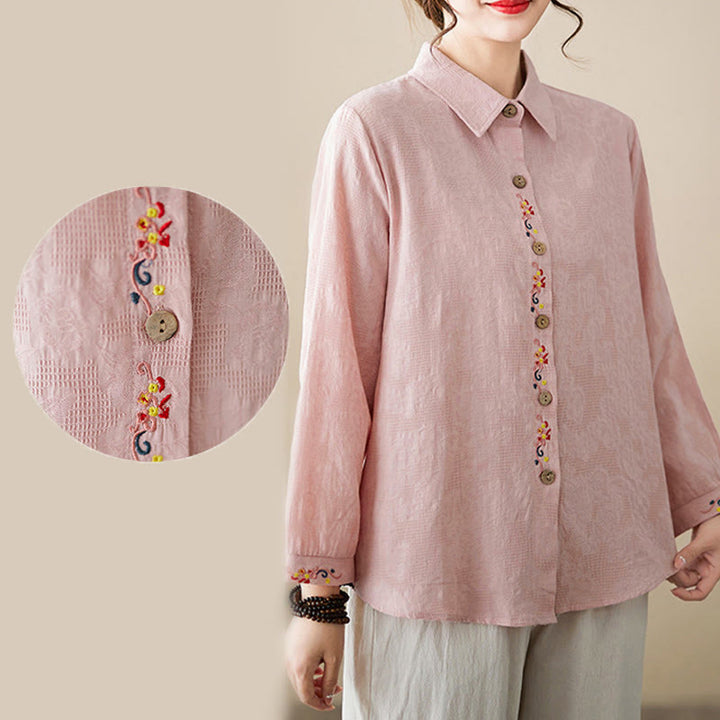 Camisa de algodón de manga larga con solapa y botones para mujer, con estampado floral bordado de Buddha Stones de primavera - image 11