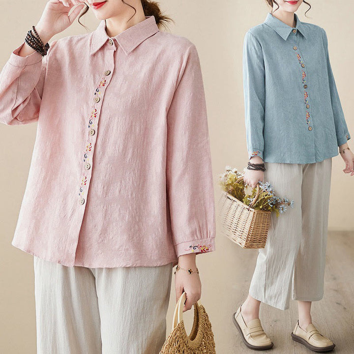 Camisa de algodón de manga larga con solapa y botones para mujer, con estampado floral bordado de Buddha Stones de primavera - image 29