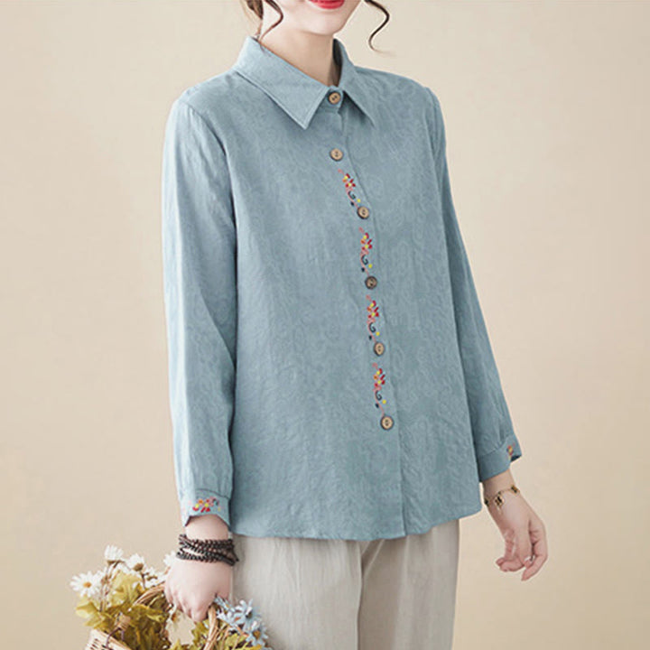 Camisa de algodón de manga larga con solapa y botones para mujer, con estampado floral bordado de Buddha Stones de primavera - image 4