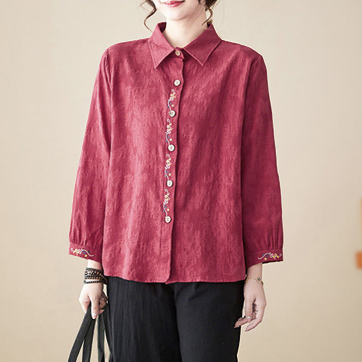 Camisa de algodón de manga larga con solapa y botones para mujer, con estampado floral bordado de Buddha Stones de primavera - image 24