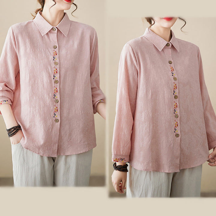 Camisa de algodón de manga larga con solapa y botones para mujer, con estampado floral bordado de Buddha Stones de primavera - image 14