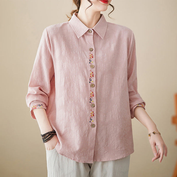 Camisa de algodón de manga larga con solapa y botones para mujer, con estampado floral bordado de Buddha Stones de primavera - Rosa claro - US12, UK/AU16, EU44 (3XL) - image 7