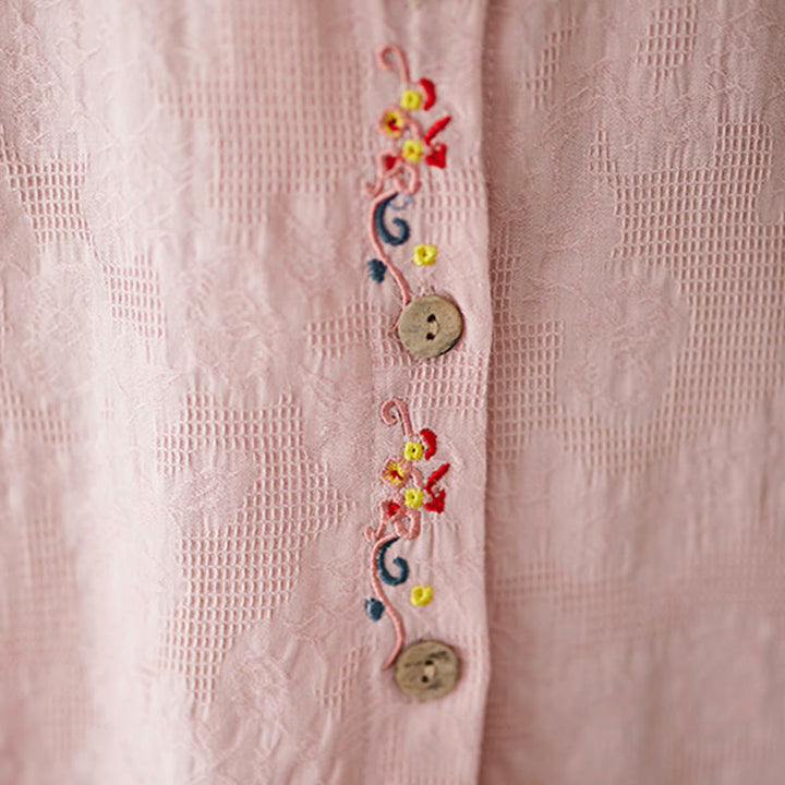 Camisa de algodón de manga larga con solapa y botones para mujer, con estampado floral bordado de Buddha Stones de primavera - image 17