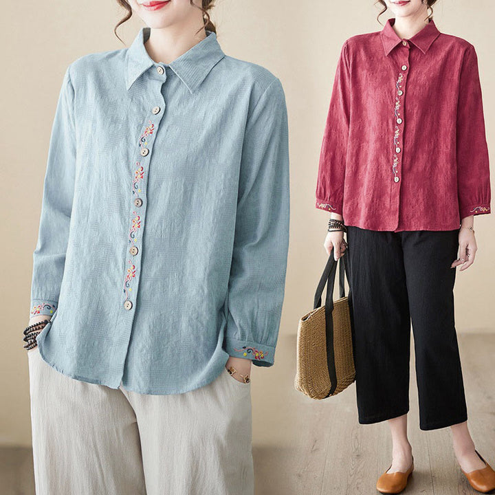 Camisa de algodón de manga larga con solapa y botones para mujer, con estampado floral bordado de Buddha Stones de primavera - image 28