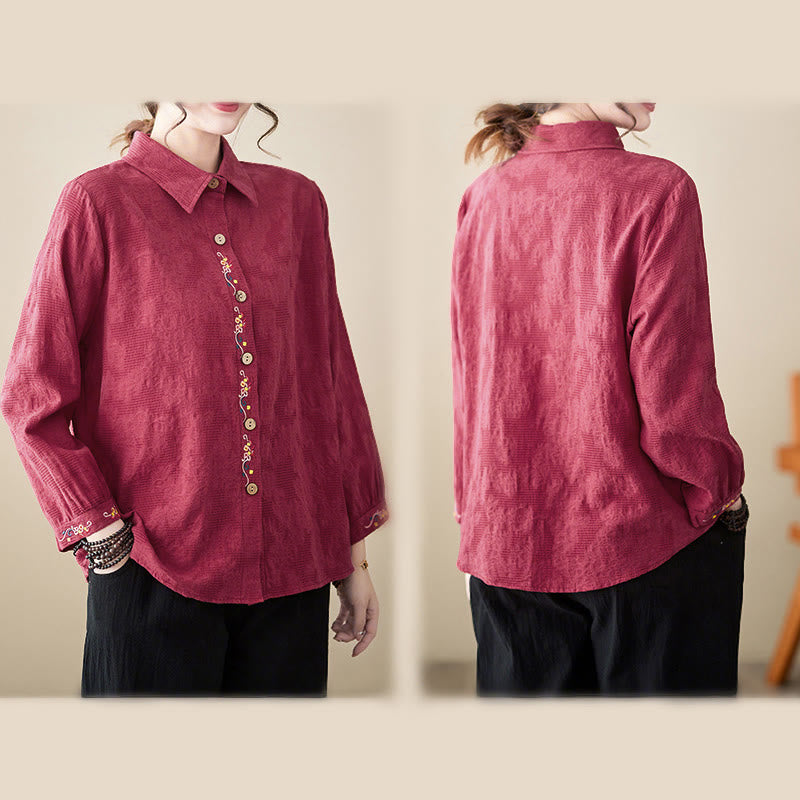 Camisa de algodón de manga larga con solapa y botones para mujer, con estampado floral bordado de Buddha Stones de primavera - image 27