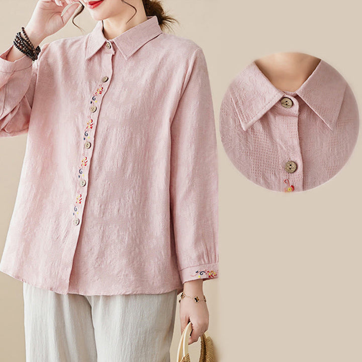 Camisa de algodón de manga larga con solapa y botones para mujer, con estampado floral bordado de Buddha Stones de primavera - image 12