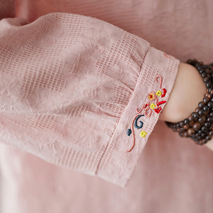 Camisa de algodón de manga larga con solapa y botones para mujer, con estampado floral bordado de Buddha Stones de primavera - image 18