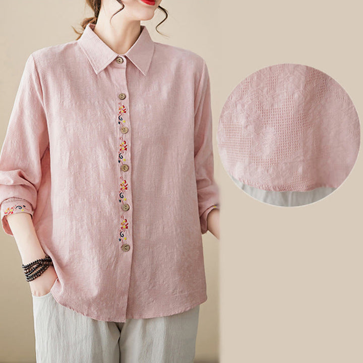 Camisa de algodón de manga larga con solapa y botones para mujer, con estampado floral bordado de Buddha Stones de primavera - image 13