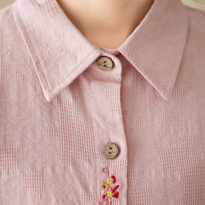 Camisa de algodón de manga larga con solapa y botones para mujer, con estampado floral bordado de Buddha Stones de primavera - image 15