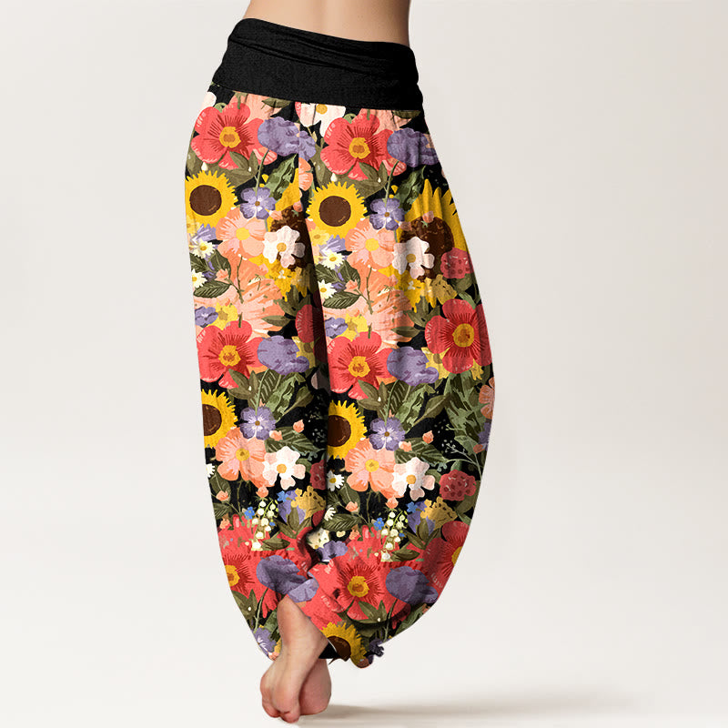 Pantalones Buddha Stones de algodón puro con estampado de girasoles y margaritas, con pequeñas flores rojas y moradas, para mujer, con cintura elástica - image 1