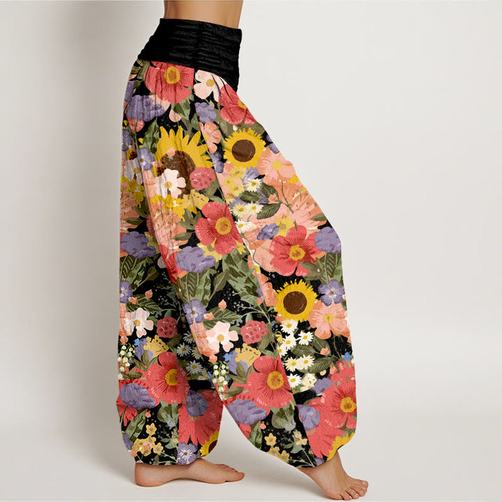 Pantalones Buddha Stones de algodón puro con estampado de girasoles y margaritas, con pequeñas flores rojas y moradas, para mujer, con cintura elástica - image 2