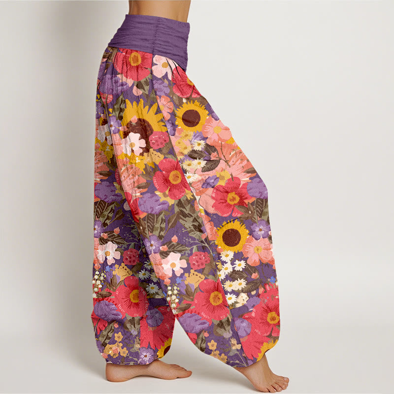 Pantalones Buddha Stones de algodón puro con estampado de girasoles y margaritas, con pequeñas flores rojas y moradas, para mujer, con cintura elástica - image 7