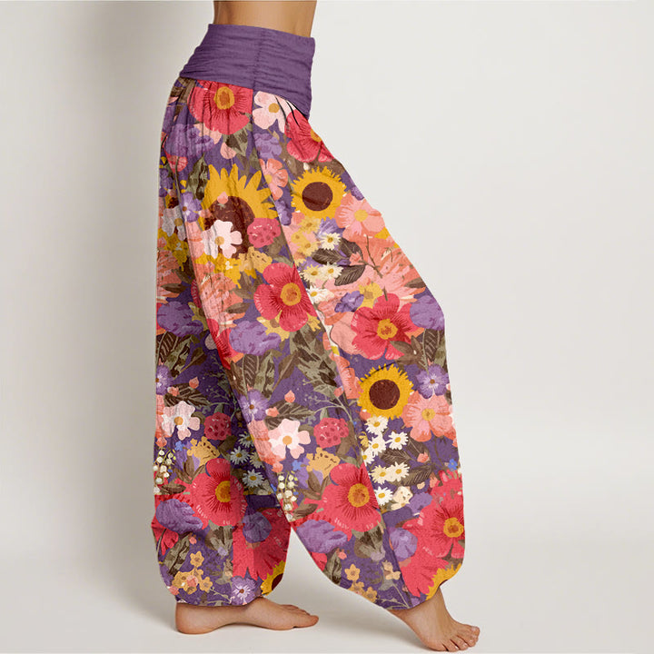 Pantalones Buddha Stones de algodón puro con estampado de girasoles y margaritas, con pequeñas flores rojas y moradas, para mujer, con cintura elástica - image 7
