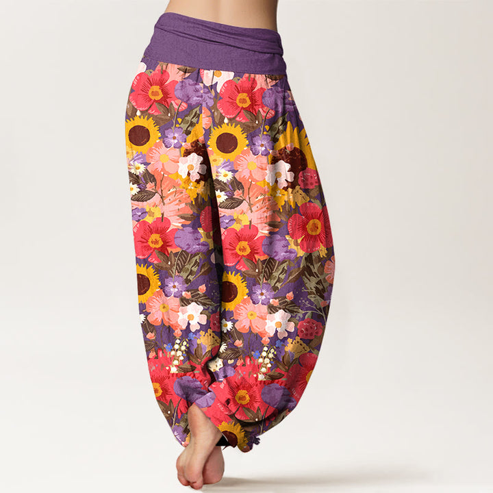 Pantalones Buddha Stones de algodón puro con estampado de girasoles y margaritas, con pequeñas flores rojas y moradas, para mujer, con cintura elástica - image 6