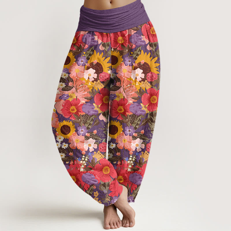 Pantalones Buddha Stones de algodón puro con estampado de girasoles y margaritas, con pequeñas flores rojas y moradas, para mujer, con cintura elástica - Orquídea oscura - US16，UK/AU20，EU48 (3XL) - image 5