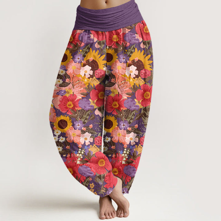 Pantalones Buddha Stones de algodón puro con estampado de girasoles y margaritas, con pequeñas flores rojas y moradas, para mujer, con cintura elástica - Orquídea oscura - US16，UK/AU20，EU48 (3XL) - image 5