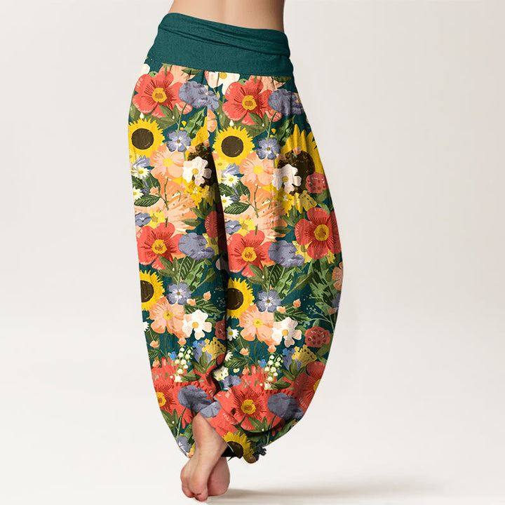 Pantalones Buddha Stones de algodón puro con estampado de girasoles y margaritas, con pequeñas flores rojas y moradas, para mujer, con cintura elástica - image 9