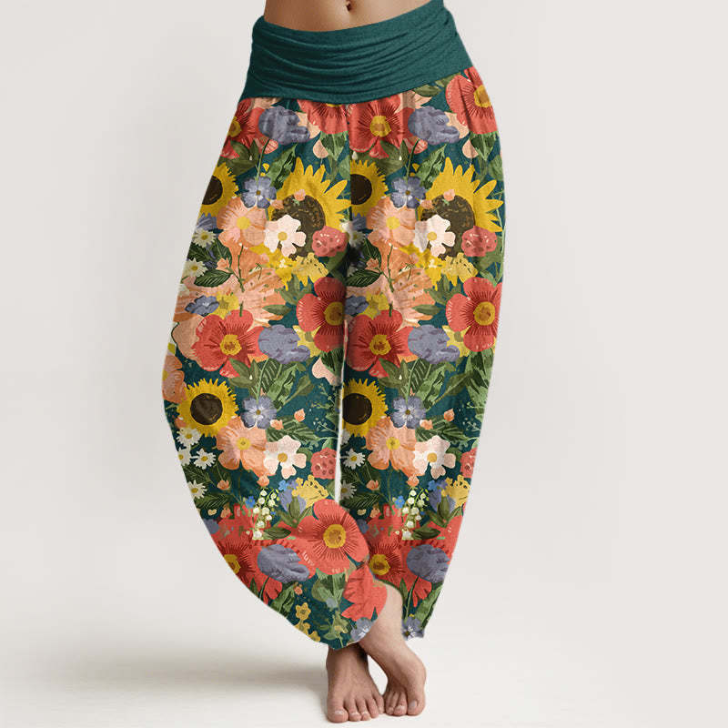 Pantalones Buddha Stones de algodón puro con estampado de girasoles y margaritas, con pequeñas flores rojas y moradas, para mujer, con cintura elástica - Verde oscuro - US16，UK/AU20，EU48 (3XL) - image 8