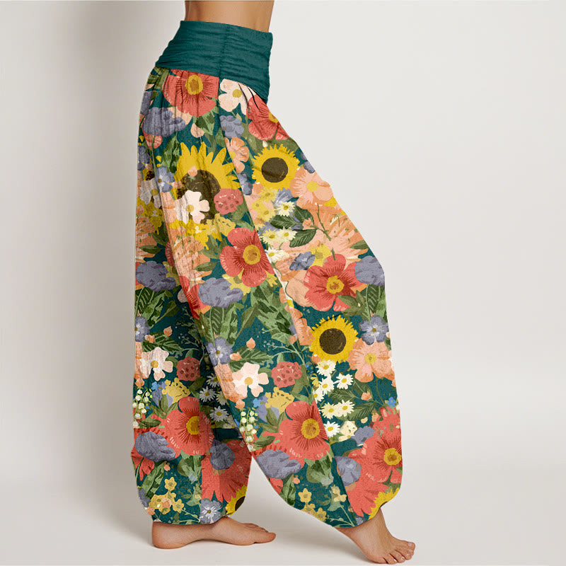 Pantalones Buddha Stones de algodón puro con estampado de girasoles y margaritas, con pequeñas flores rojas y moradas, para mujer, con cintura elástica - image 10