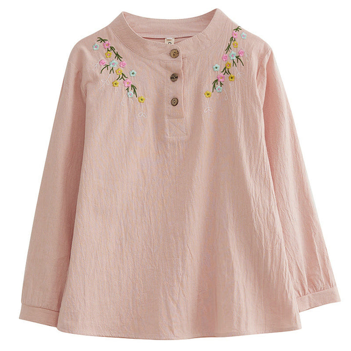 Camisa de algodón de manga larga con cuello alto y estampado floral bordado de Buddha Stones para mujer - image 4