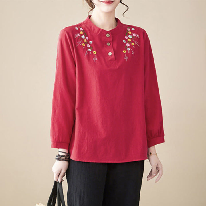 Camisa de algodón de manga larga con cuello alto y estampado floral bordado de Buddha Stones para mujer - Carmesí - US12, UK/AU16, EU44 (3XL) - image 20