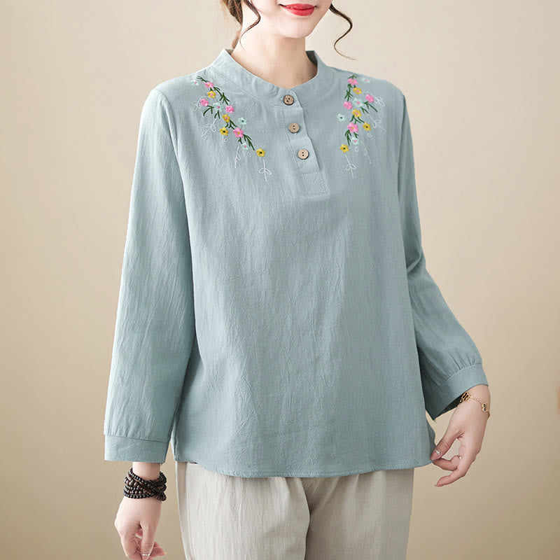 Camisa de algodón de manga larga con cuello alto y estampado floral bordado de Buddha Stones para mujer - Azul claro - US12, UK/AU16, EU44 (3XL) - image 5