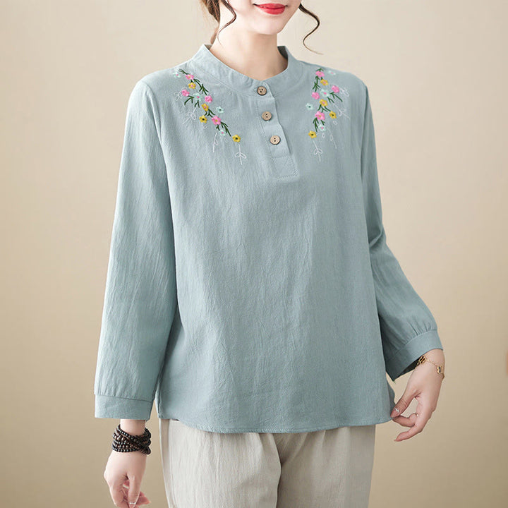 Camisa de algodón de manga larga con cuello alto y estampado floral bordado de Buddha Stones para mujer - Azul claro - US12, UK/AU16, EU44 (3XL) - image 5