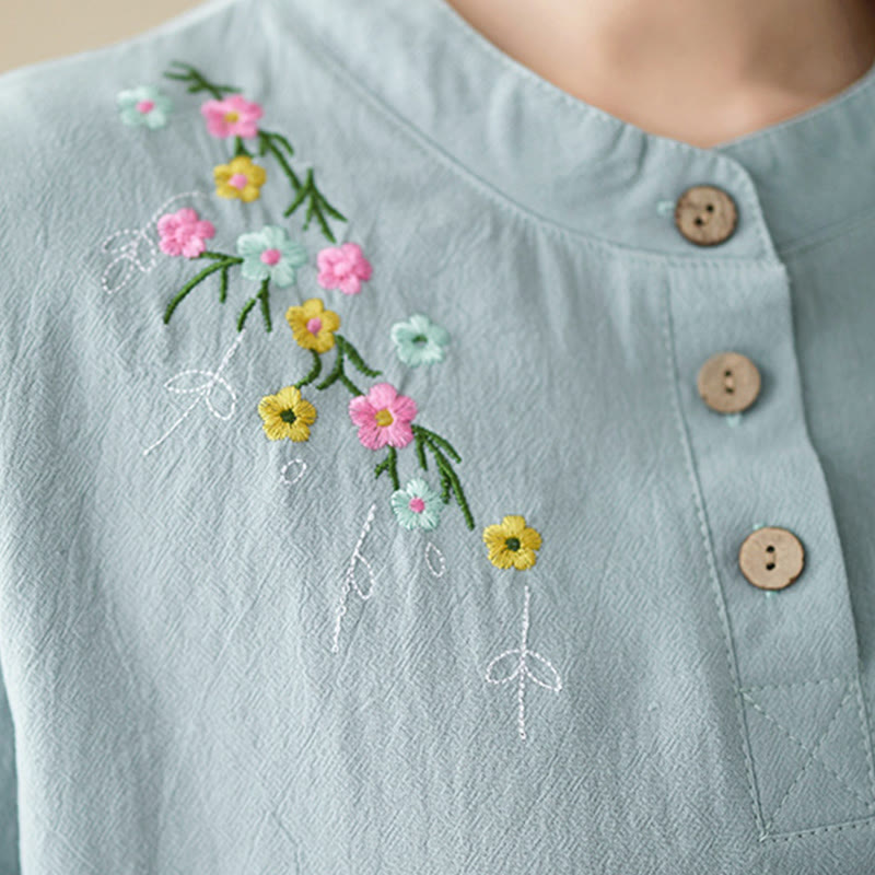 Camisa de algodón de manga larga con cuello alto y estampado floral bordado de Buddha Stones para mujer - image 13