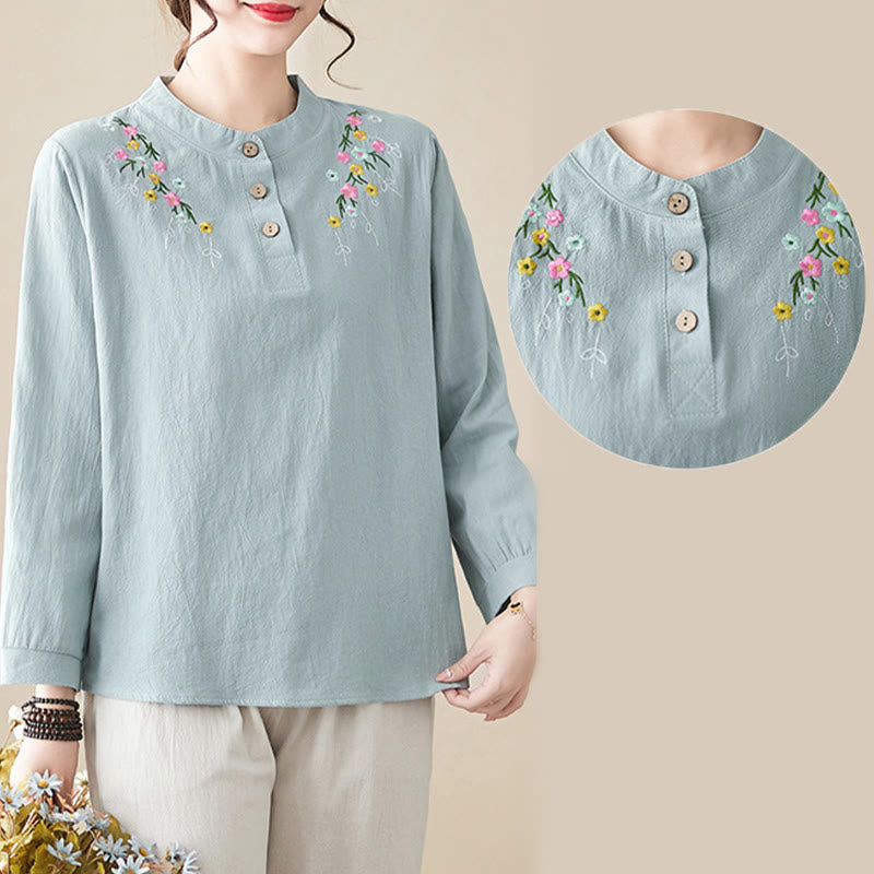 Camisa de algodón de manga larga con cuello alto y estampado floral bordado de Buddha Stones para mujer - image 17