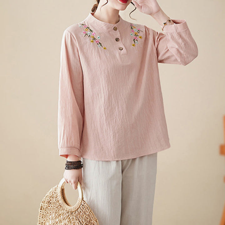 Camisa de algodón de manga larga con cuello alto y estampado floral bordado de Buddha Stones para mujer - image 2