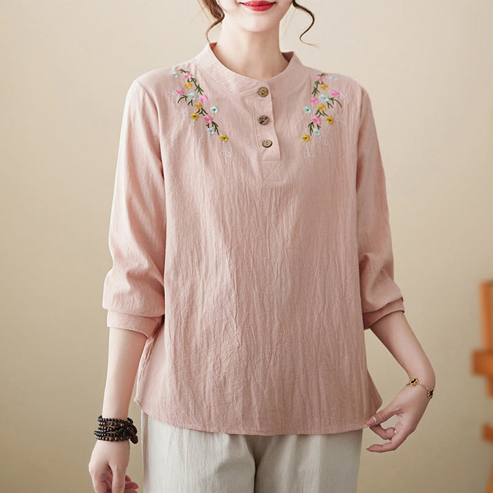 Camisa de algodón de manga larga con cuello alto y estampado floral bordado de Buddha Stones para mujer - image 0