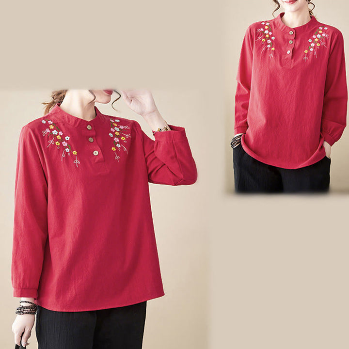 Camisa de algodón de manga larga con cuello alto y estampado floral bordado de Buddha Stones para mujer - image 25