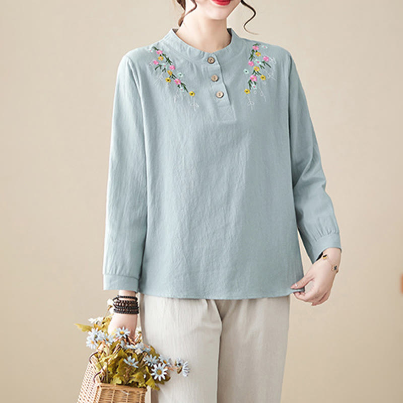 Camisa de algodón de manga larga con cuello alto y estampado floral bordado de Buddha Stones para mujer - image 7
