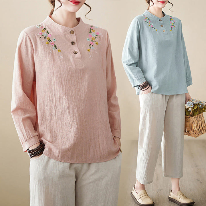 Camisa de algodón de manga larga con cuello alto y estampado floral bordado de Buddha Stones para mujer - image 27