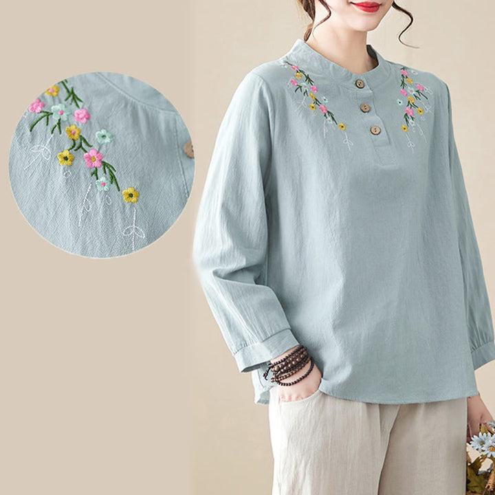 Camisa de algodón de manga larga con cuello alto y estampado floral bordado de Buddha Stones para mujer - image 18