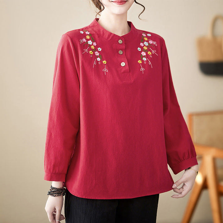 Camisa de algodón de manga larga con cuello alto y estampado floral bordado de Buddha Stones para mujer - image 23