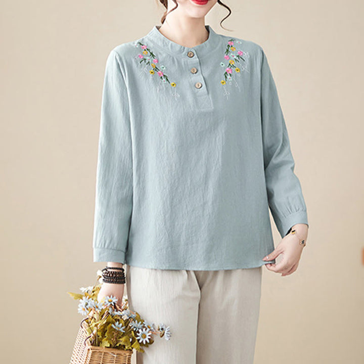 Camisa de algodón de manga larga con cuello alto y estampado floral bordado de Buddha Stones para mujer - image 7