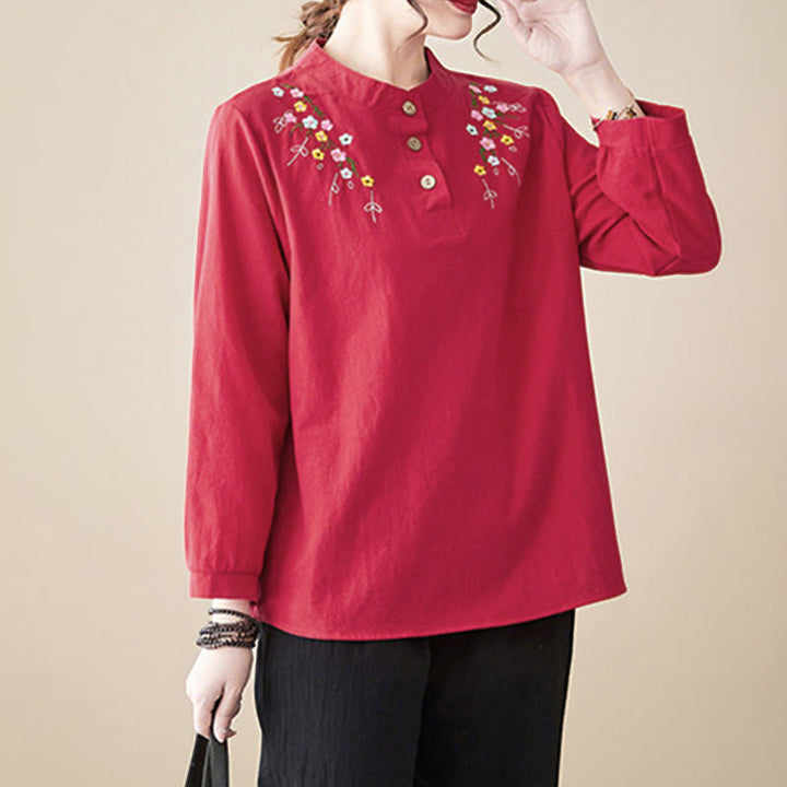 Camisa de algodón de manga larga con cuello alto y estampado floral bordado de Buddha Stones para mujer - image 21