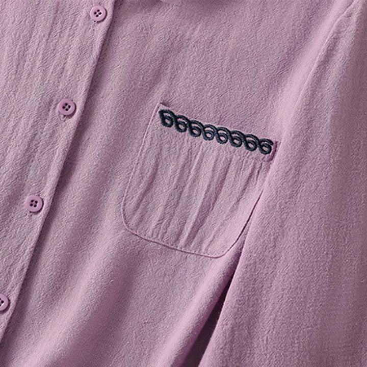 Camisa de algodón de manga larga con diseño bordado simple, retro, liso y con bolsillo para mujer de Buddha Stones , primavera - image 4