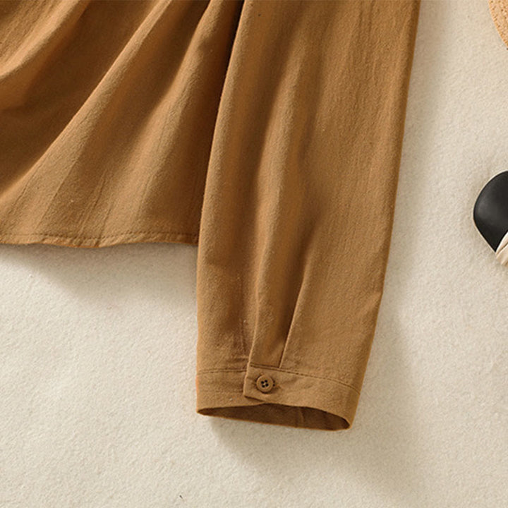 Camisa de algodón de manga larga con diseño bordado simple, retro, liso y con bolsillo para mujer de Buddha Stones , primavera - image 30