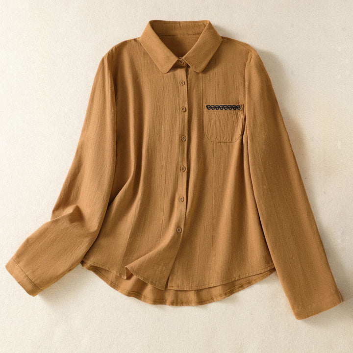 Camisa de algodón de manga larga con diseño bordado simple, retro, liso y con bolsillo para mujer de Buddha Stones , primavera - Vara de oro oscura - US8-10，UK/AU12-14，EU40-42 (2XL) - image 26