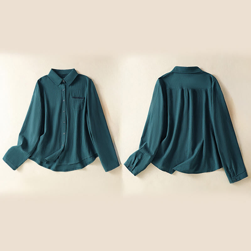 Camisa de algodón de manga larga con diseño bordado simple, retro, liso y con bolsillo para mujer de Buddha Stones , primavera - image 24