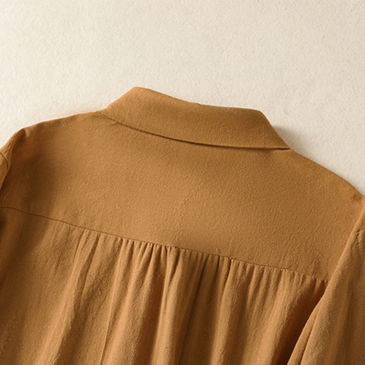 Camisa de algodón de manga larga con diseño bordado simple, retro, liso y con bolsillo para mujer de Buddha Stones , primavera - image 28