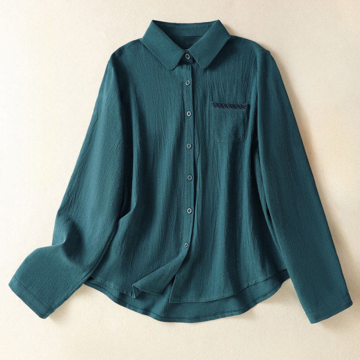 Camisa de algodón de manga larga con diseño bordado simple, retro, liso y con bolsillo para mujer de Buddha Stones , primavera - Verde azulado - US8-10，UK/AU12-14，EU40-42 (2XL) - image 17