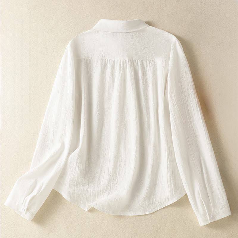 Camisa de algodón de manga larga con diseño bordado simple, retro, liso y con bolsillo para mujer de Buddha Stones , primavera - image 9