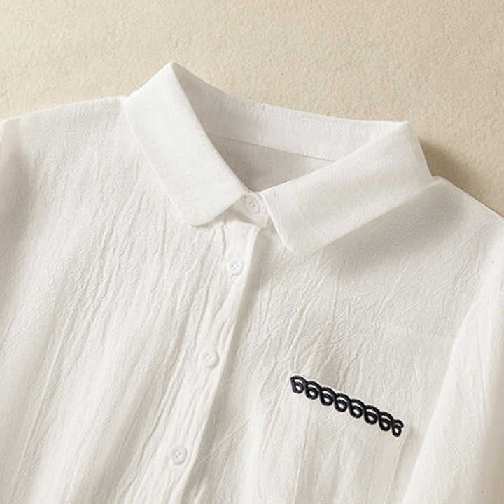 Camisa de algodón de manga larga con diseño bordado simple, retro, liso y con bolsillo para mujer de Buddha Stones , primavera - image 10