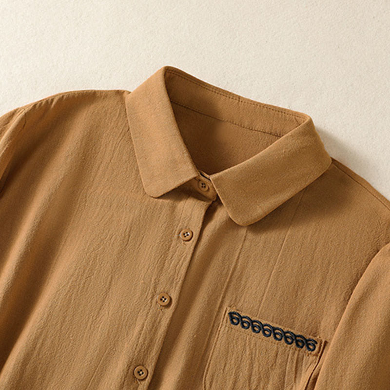 Camisa de algodón de manga larga con diseño bordado simple, retro, liso y con bolsillo para mujer de Buddha Stones , primavera - image 27